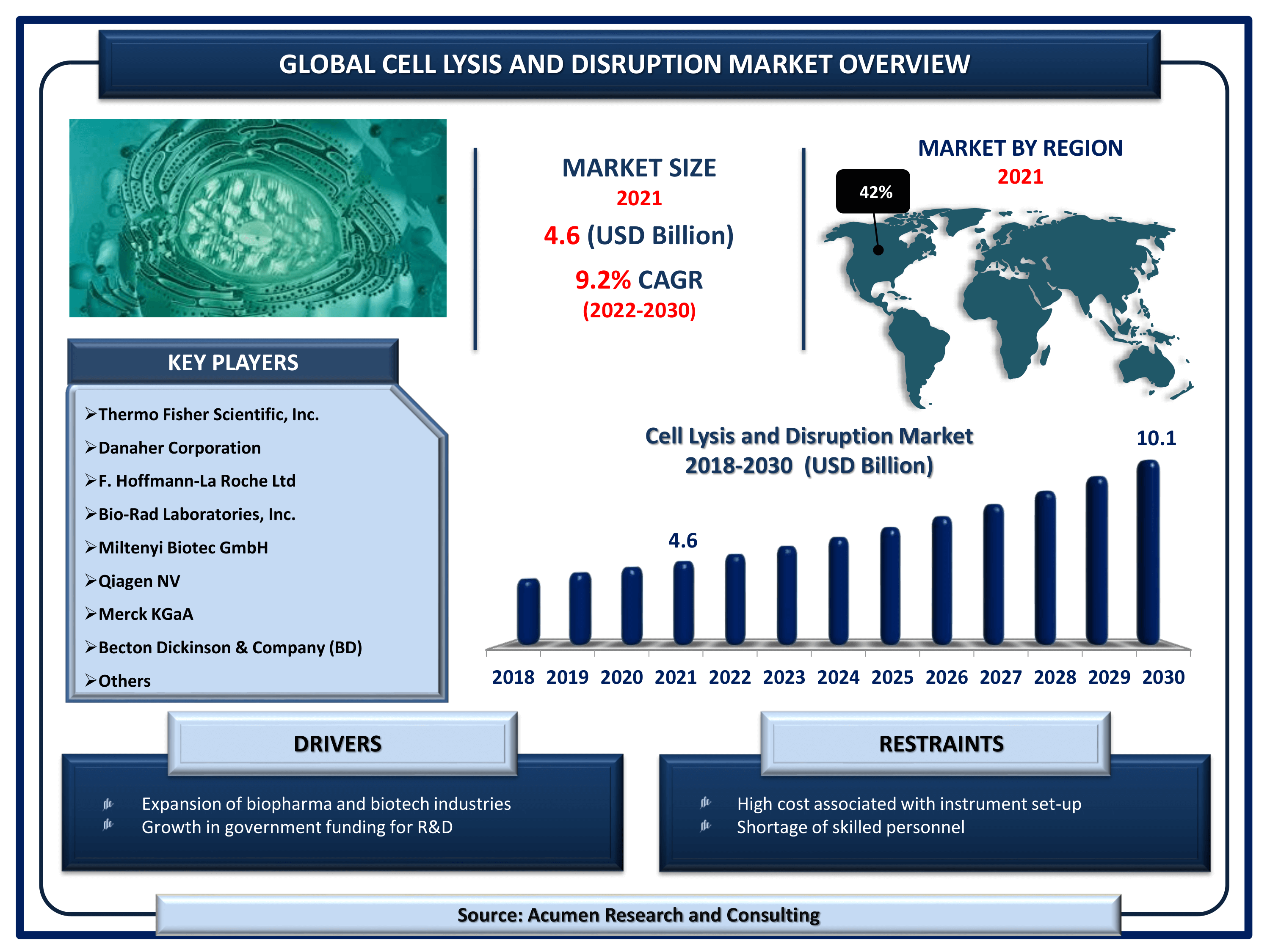Global cell lysis and disruption market revenue is estimated to reach USD 10.1 Billion by 2030 with a CAGR of 9.2% from 2022 to 2030